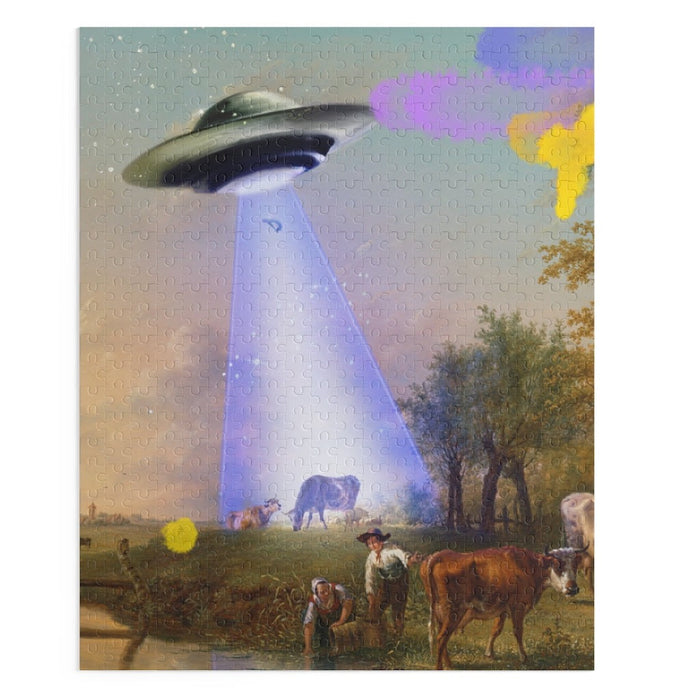 500-Piece Jigsaw Puzzle of a Cow Being Abducted by a UFO: black, gray UFO/alien abduction scene, illustrative sci-fi fantasy
