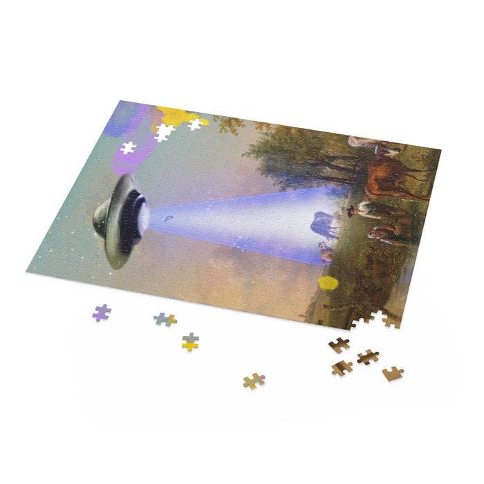 500-Piece Jigsaw Puzzle of a Cow Being Abducted by a UFO: black, gray UFO/alien abduction scene, illustrative sci-fi fantasy