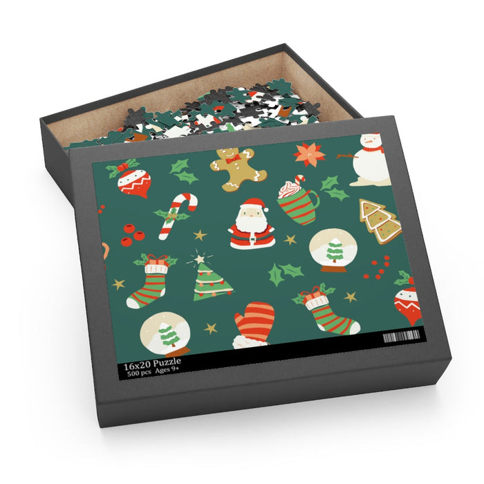 500-Piece Puzzle, Vintage Christmas Scene: dark green, black Christmas holiday theme, cartoon festive illustration style