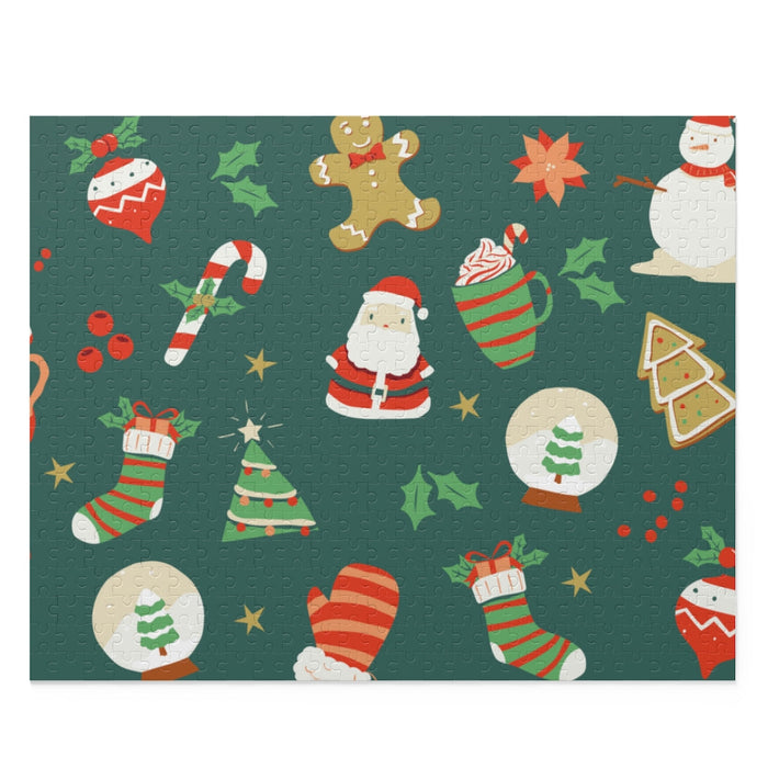 500-Piece Puzzle, Vintage Christmas Scene: dark green, black Christmas holiday theme, cartoon festive illustration style