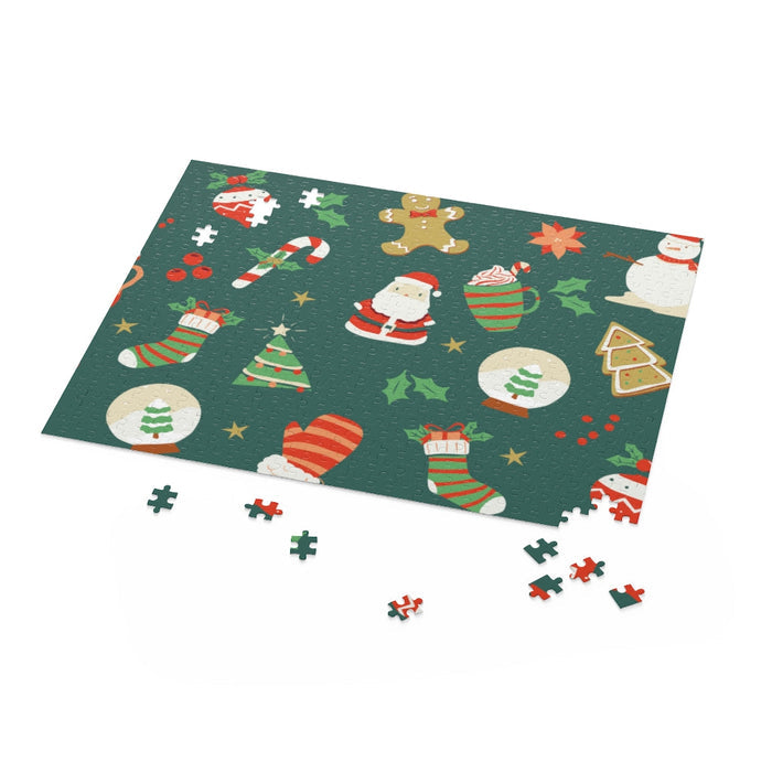 500-Piece Puzzle, Vintage Christmas Scene: dark green, black Christmas holiday theme, cartoon festive illustration style