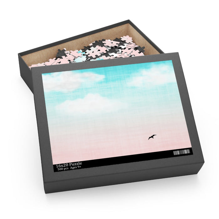 500-Piece Puzzle Featuring a Flying Bird in the Sky: black, turquoise pastel sky with a flying bird, minimal style