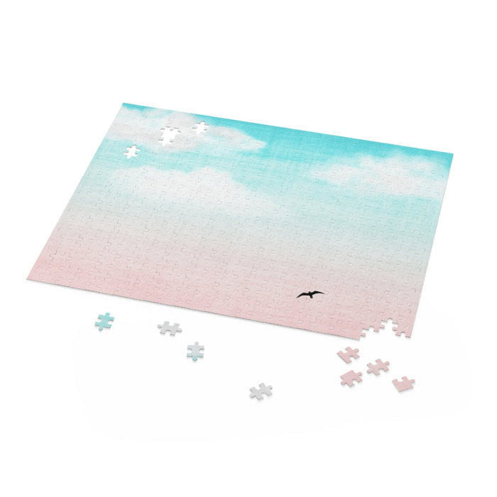 500-Piece Puzzle Featuring a Flying Bird in the Sky: black, turquoise pastel sky with a flying bird, minimal style