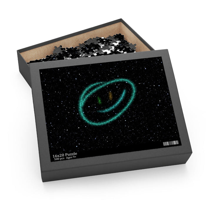 500-Piece Puzzle Featuring a Grinning Face Amidst the Stars and Planets: black, dark gray abstract space-themed glowing face-