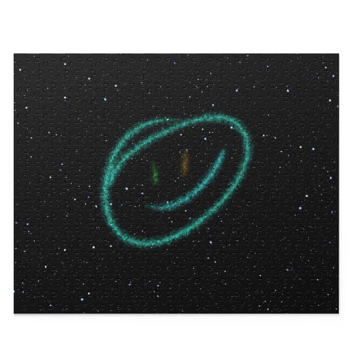 500-Piece Puzzle Featuring a Grinning Face Amidst the Stars and Planets: black, dark gray abstract space-themed glowing face-