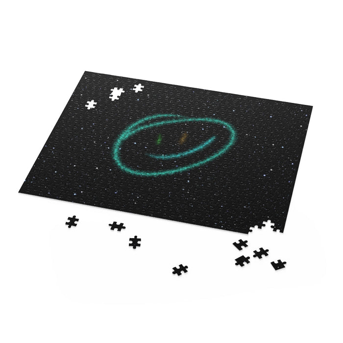 500-Piece Puzzle Featuring a Grinning Face Amidst the Stars and Planets: black, dark gray abstract space-themed glowing face-