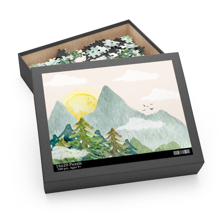 500-Piece Puzzle Featuring a Sunny Mountain View: black, gray mountain landscape, painted watercolor-like landscape illustrat