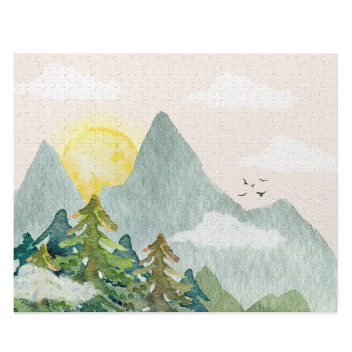 500-Piece Puzzle Featuring a Sunny Mountain View: black, gray mountain landscape, painted watercolor-like landscape illustrat