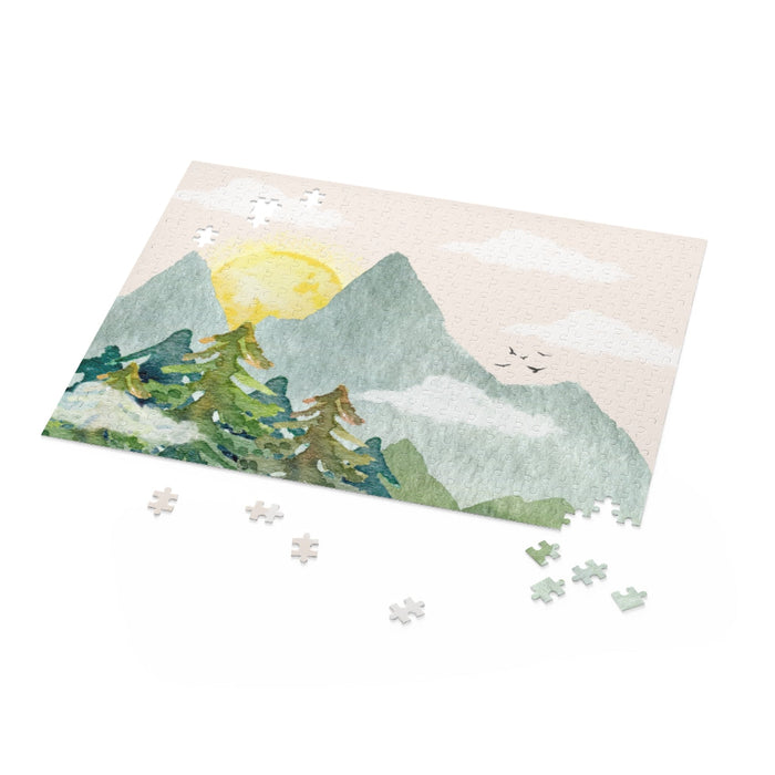 500-Piece Puzzle Featuring a Sunny Mountain View: black, gray mountain landscape, painted watercolor-like landscape illustrat