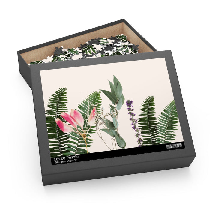 500-Piece Puzzle Featuring a Variety of Flowers: black, cream botanical floral foliage, botanical illustration style