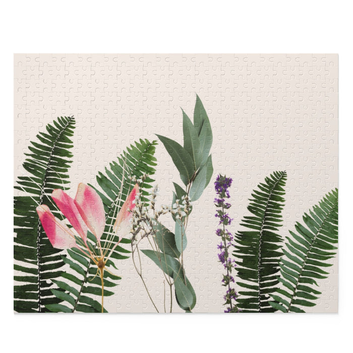 500-Piece Puzzle Featuring a Variety of Flowers: black, cream botanical floral foliage, botanical illustration style