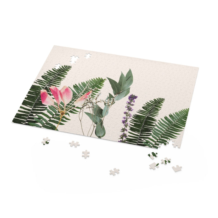 500-Piece Puzzle Featuring a Variety of Flowers: black, cream botanical floral foliage, botanical illustration style