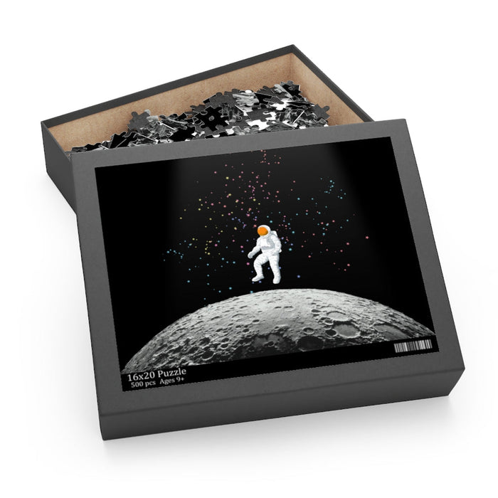 500-Piece Puzzle Featuring an Astronaut on the Lunar Surface: black, gray astronaut on the moon, space-themed realistic illus