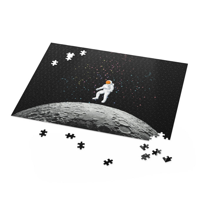 500-Piece Puzzle Featuring an Astronaut on the Lunar Surface: black, gray astronaut on the moon, space-themed realistic illus
