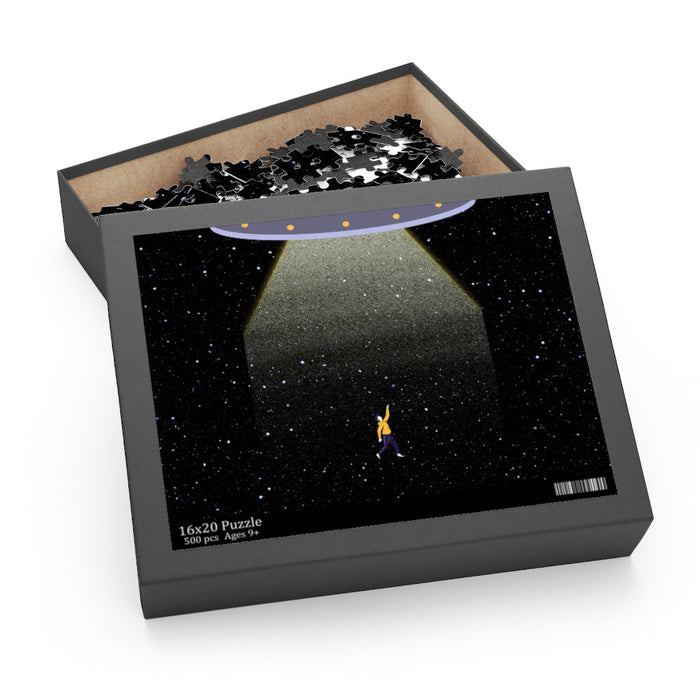 500-Piece Puzzle Featuring Extraterrestrial Kidnapping: black, dark gray UFO/space scene, cartoon sci-fi style