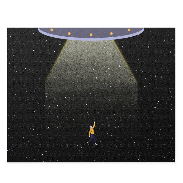 500-Piece Puzzle Featuring Extraterrestrial Kidnapping: black, dark gray UFO/space scene, cartoon sci-fi style