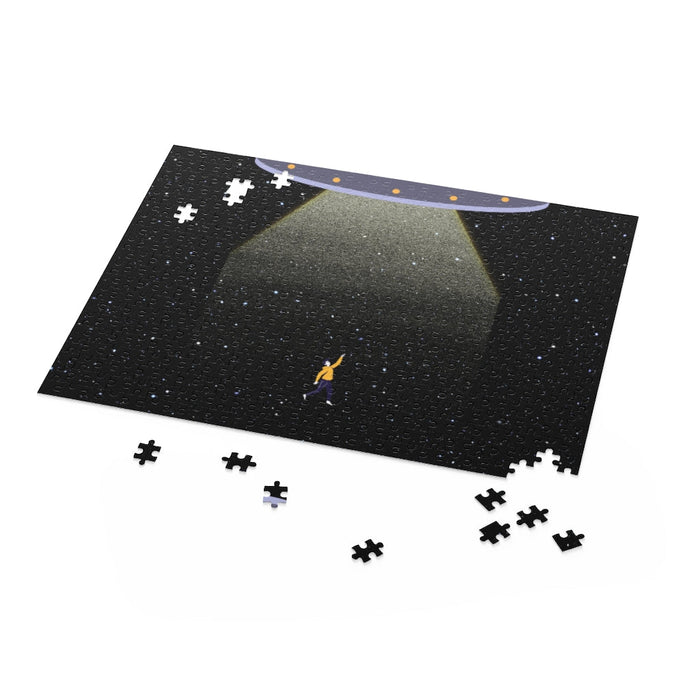 500-Piece Puzzle Featuring Extraterrestrial Kidnapping: black, dark gray UFO/space scene, cartoon sci-fi style
