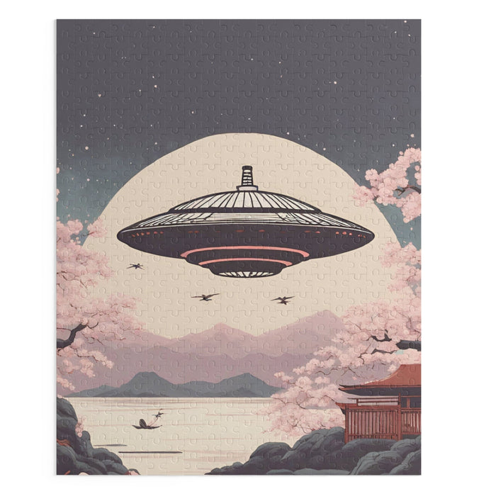 500-Piece Puzzle featuring Retro Japanese UFO Art: dark gray, beige UFO flying over a cherry blossom landscape, illustrated J