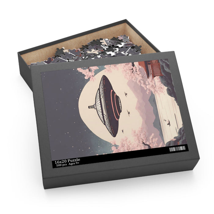 500-Piece Puzzle featuring Retro Japanese UFO Art: dark gray, beige UFO flying over a cherry blossom landscape, illustrated J
