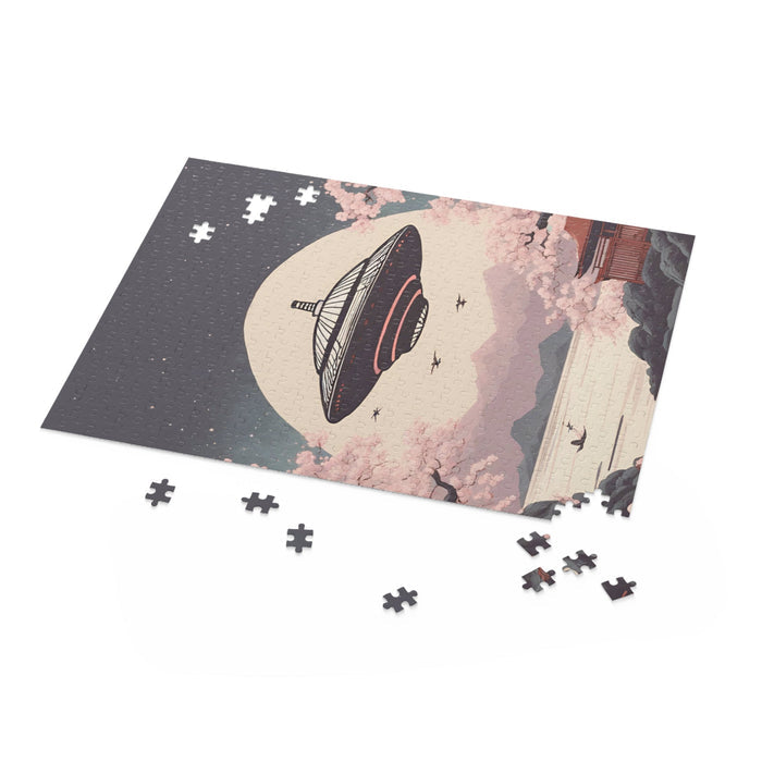 500-Piece Puzzle featuring Retro Japanese UFO Art: dark gray, beige UFO flying over a cherry blossom landscape, illustrated J