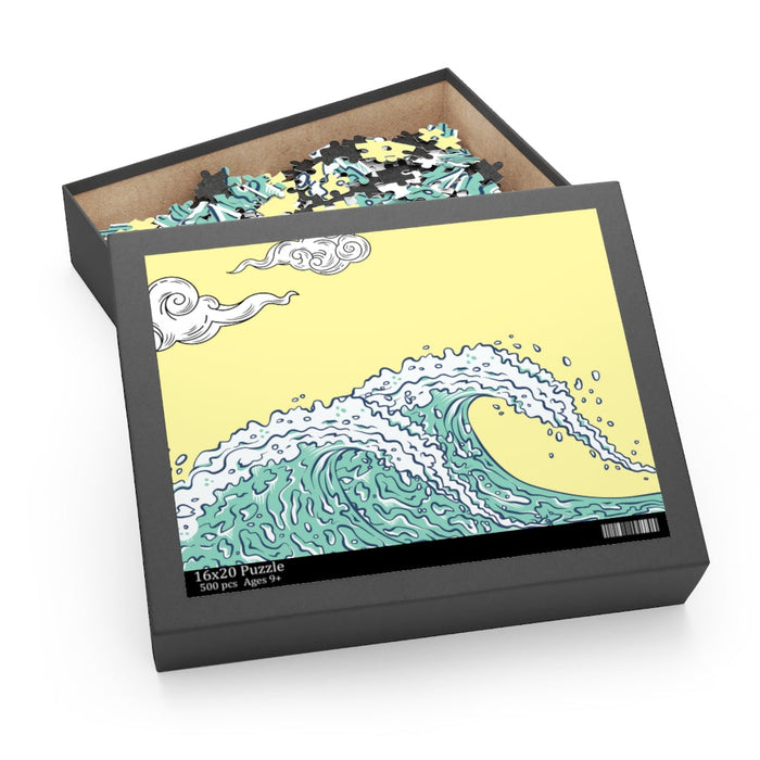500-Piece Puzzle: Ocean Waves: black, yellow ocean wave, cartoon graphic, Japanese woodblock-inspired wave art style