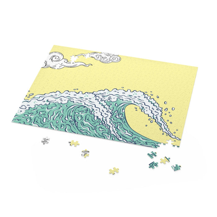500-Piece Puzzle: Ocean Waves: black, yellow ocean wave, cartoon graphic, Japanese woodblock-inspired wave art style