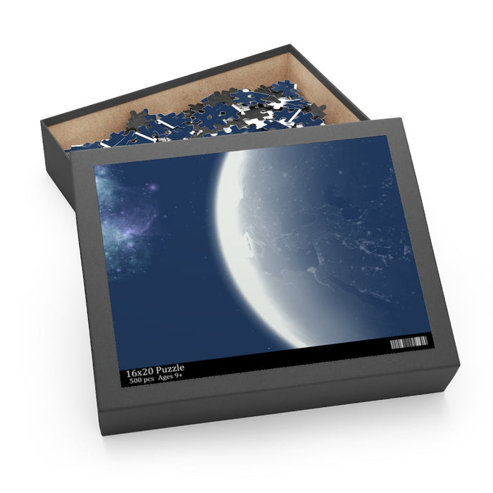 500-Piece Puzzle of the World's Terrain: dark blue, black space/planet, space-themed photographic imagery style