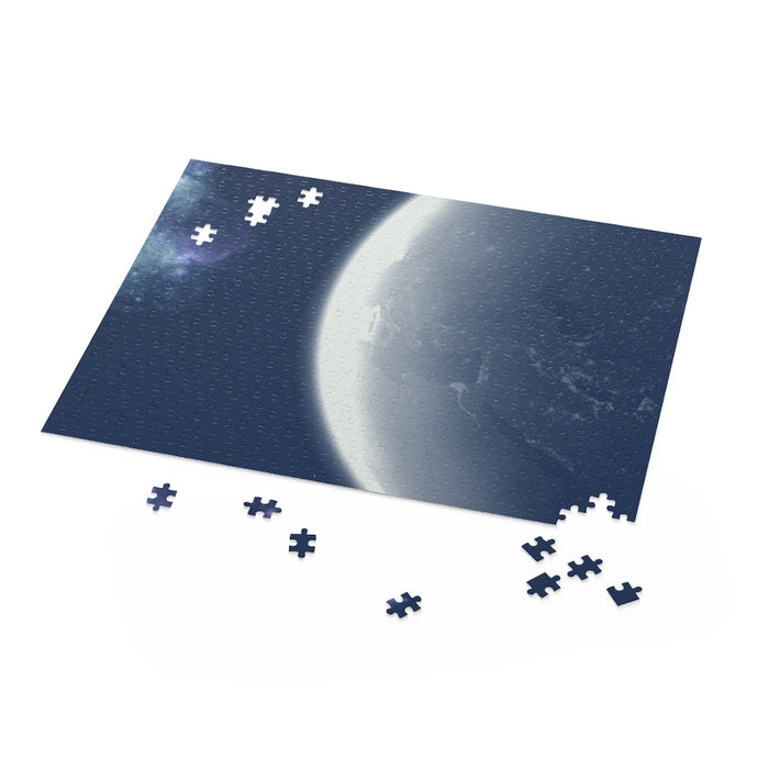 500-Piece Puzzle of the World's Terrain: dark blue, black space/planet, space-themed photographic imagery style