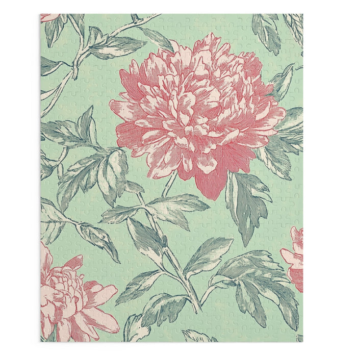 500-Piece Soft Peonies Puzzle: mint green, dusty pink floral botanical design, vintage botanical style