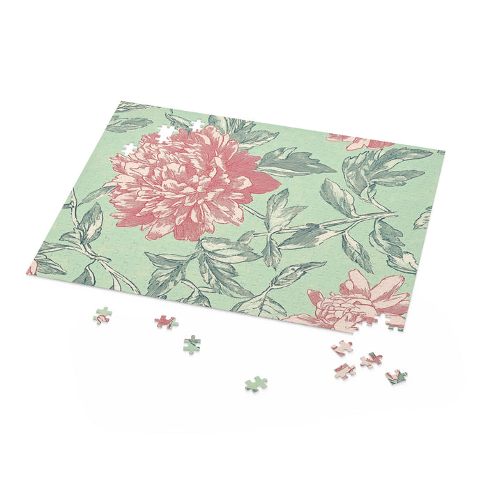 500-Piece Soft Peonies Puzzle: mint green, dusty pink floral botanical design, vintage botanical style