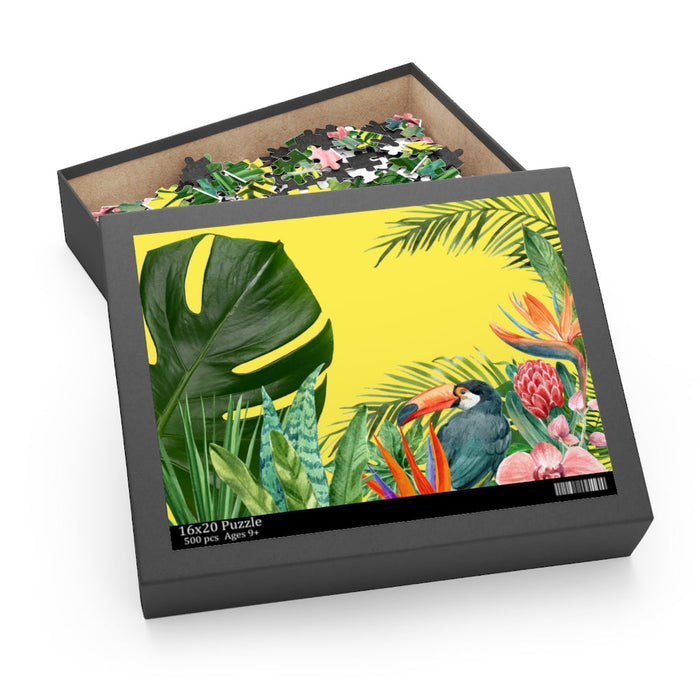 500-Piece Tropical Toucan Jigsaw Puzzle: A Distinct and Clear Core Description: black, yellow tropical birds and plants, colo