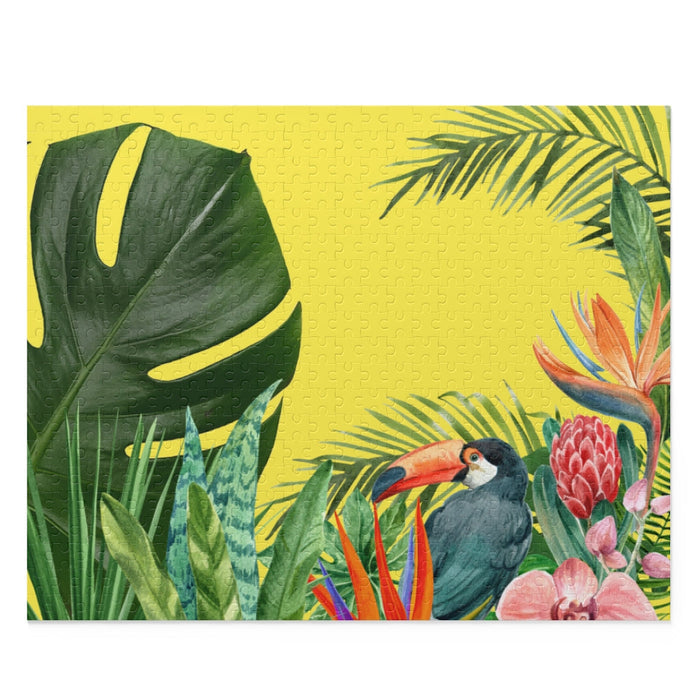 500-Piece Tropical Toucan Jigsaw Puzzle: A Distinct and Clear Core Description: black, yellow tropical birds and plants, colo