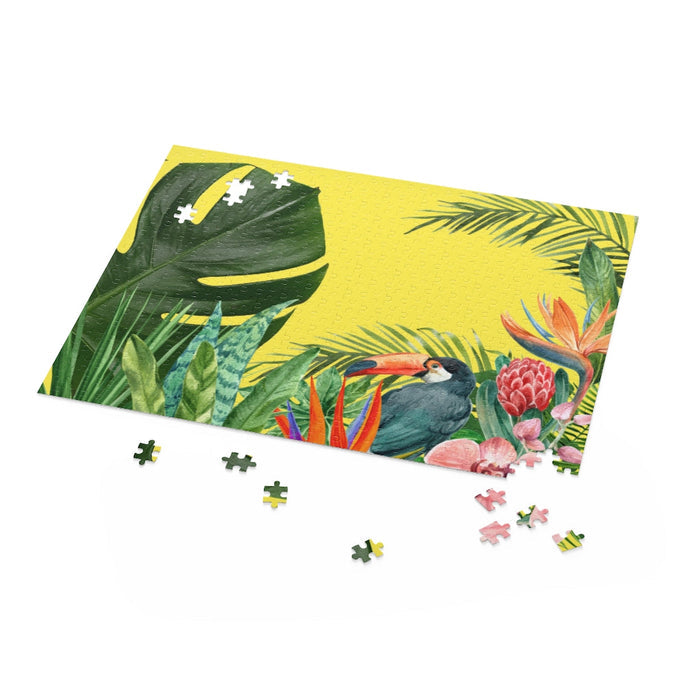 500-Piece Tropical Toucan Jigsaw Puzzle: A Distinct and Clear Core Description: black, yellow tropical birds and plants, colo