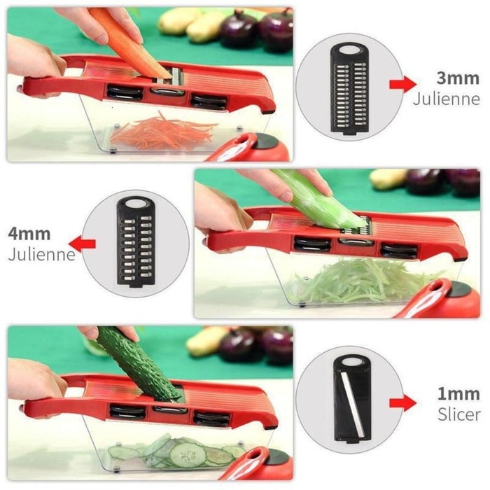 6-Blade Stainless Steel Vegetable Cutter for Effortless Slicing: red, black handheld vegetable slicer/mandoline set, function