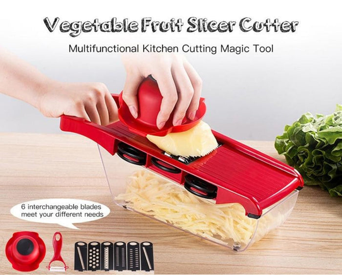 6-Blade Stainless Steel Vegetable Cutter for Effortless Slicing: red, black handheld vegetable slicer/mandoline set, function