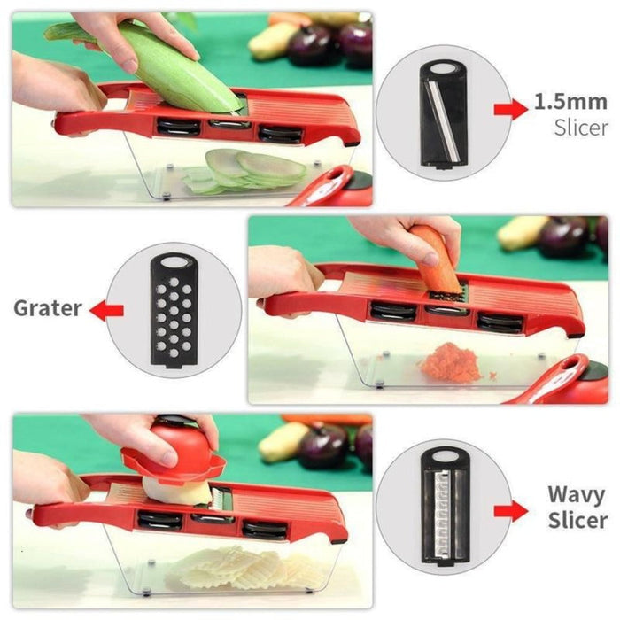 6-Blade Stainless Steel Vegetable Cutter for Effortless Slicing: red, black handheld vegetable slicer/mandoline set, function