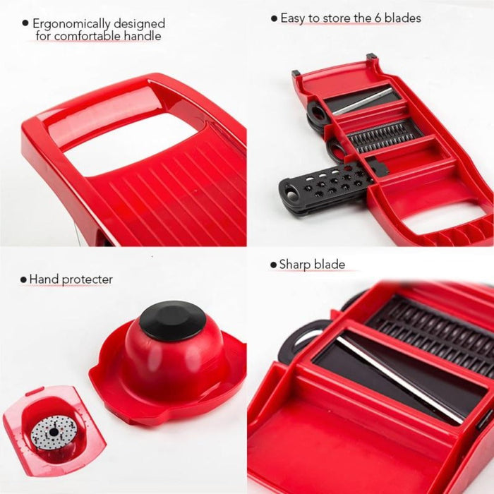 6-Blade Stainless Steel Vegetable Cutter for Effortless Slicing: red, black handheld vegetable slicer/mandoline set, function