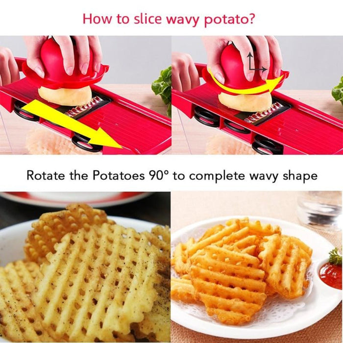 6-Blade Stainless Steel Vegetable Cutter for Effortless Slicing: red, black handheld vegetable slicer/mandoline set, function