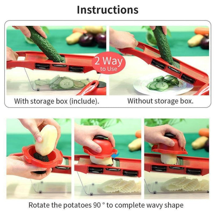 6-Blade Stainless Steel Vegetable Cutter for Effortless Slicing: red, black handheld vegetable slicer/mandoline set, function