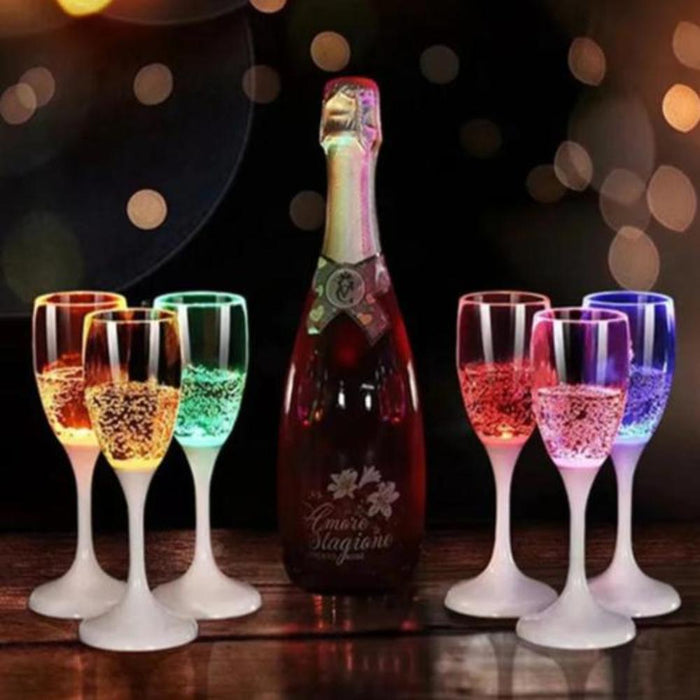 6-Piece Glassware Gift Set with 120ml Capacity and LED Sensor Technology: dark red, gold illuminated champagne bottle and ste