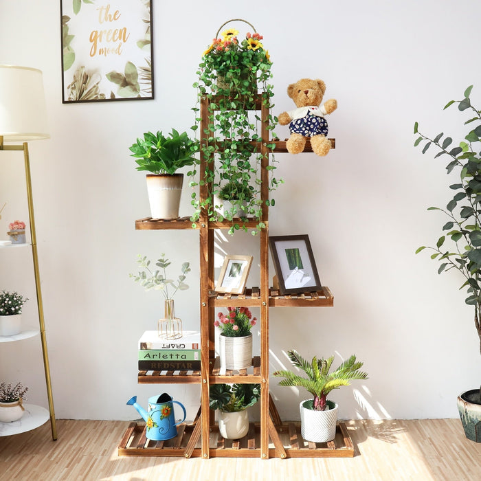 6 Tier Wooden Plant Stand for Indoor Home Decor: brown, green indoor houseplants, natural minimalist indoor decor style