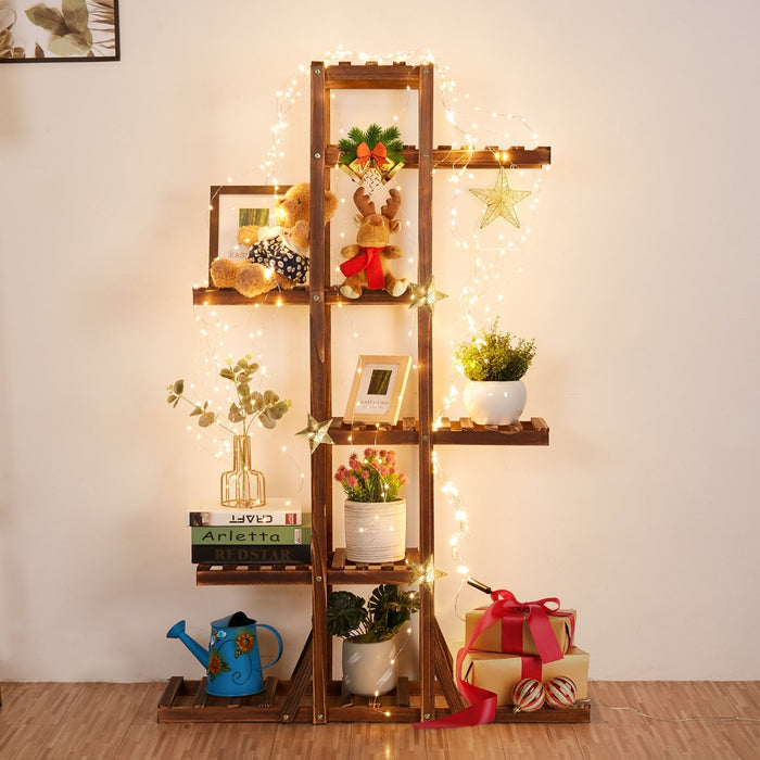 6 Tier Wooden Plant Stand for Indoor Home Decor: brown, green indoor houseplants, natural minimalist indoor decor style