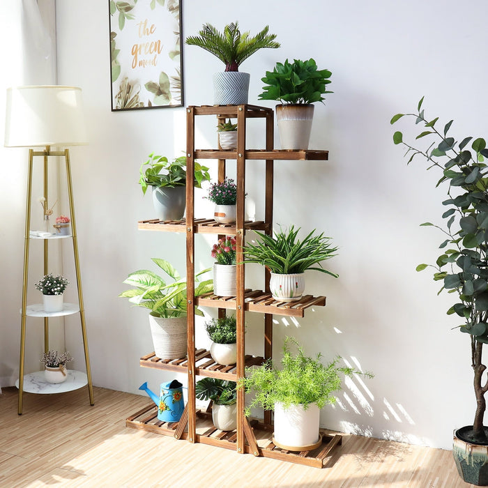 6 Tier Wooden Plant Stand for Indoor Home Decor: brown, green indoor houseplants, natural minimalist indoor decor style