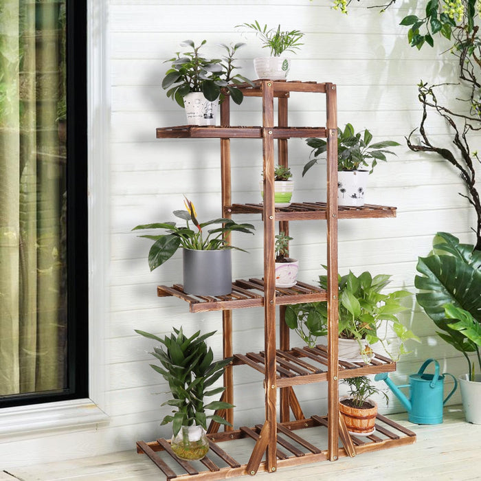 6 Tier Wooden Plant Stand for Indoor Home Decor: brown, green indoor houseplants, natural minimalist indoor decor style