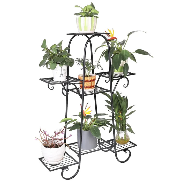 7-Tier Metal Plant Stand for Pots: black, green multi-tier plant stand, decorative wrought-iron-inspired style
