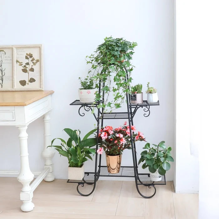 7-Tier Metal Plant Stand for Pots: black, green multi-tier plant stand, decorative wrought-iron-inspired style