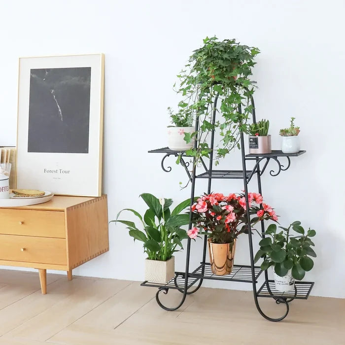 7-Tier Metal Plant Stand for Pots: black, green multi-tier plant stand, decorative wrought-iron-inspired style