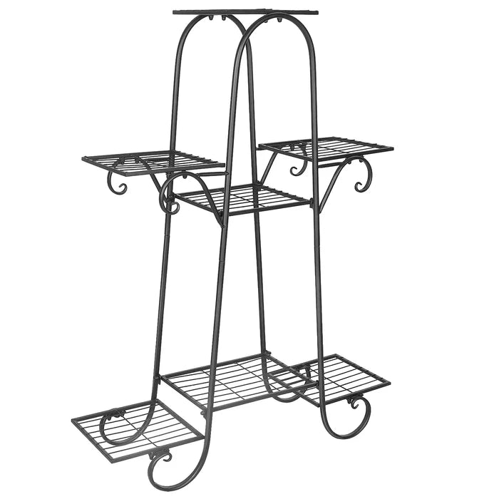 7-Tier Metal Plant Stand for Pots: black, green multi-tier plant stand, decorative wrought-iron-inspired style