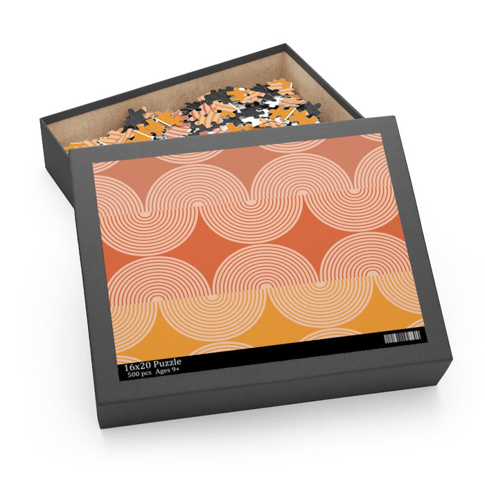 70s Retro Wave Jigsaw Puzzle, 500 Pieces: black, orange jigsaw puzzle box, minimal geometric abstract style