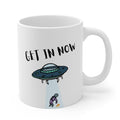 Abduction Extraterrestrial Beverage Mug: white, black UFO abducting a small person, cartoon style